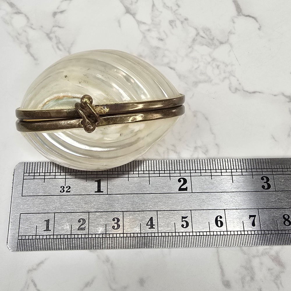 Vintage Mother of Pearl Seashell Trinket Box Brass Clasp Iridescent Pill Case - Picture 11 of 11
